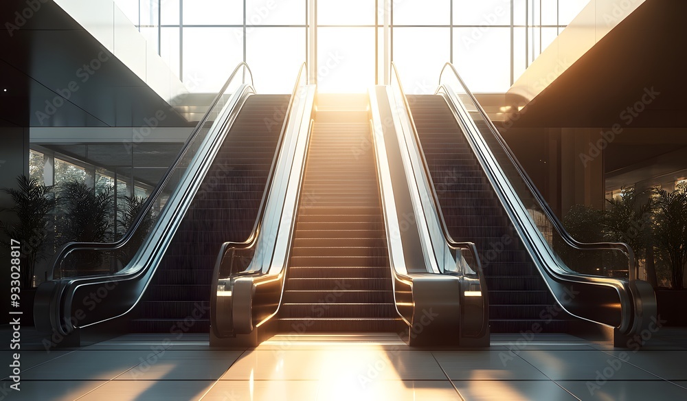 Two empty escalators in a modern building, with sunshine streaming through the window. A photorealistic image. Two empty escalators in a modern building, with sunshine streaming through the window. A photorealistic image.