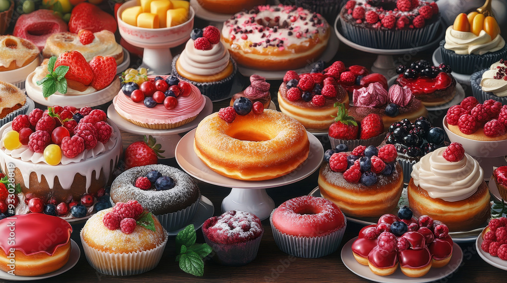 “A pastry shop display window featuring a variety of cakes. The display showcases an assortment of beautifully decorated cakes, each with unique designs and flavors, attracting attention and enticing “A pastry shop display window featuring a variety of cakes. The display showcases an assortment of beautifully decorated cakes, each with unique designs and flavors, attracting attention and enticing