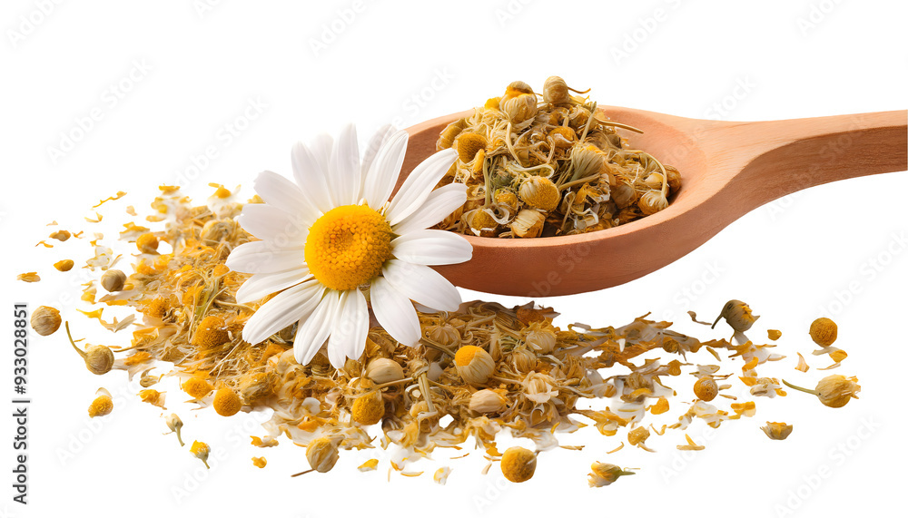 Fototapeta premium dry chamomile in a wooden spoon and one fresh chamomile flower on a white isolated background. Generative AI.