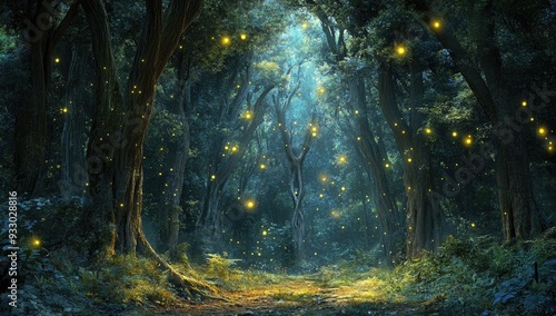 Fototapeta Naklejka Na Ścianę i Meble -  Enchanted forest with glowing fireflies.
