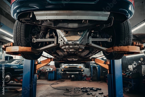 Car on hydraulic lift in blue lit workshop, revealing intricate mechanical underside photo