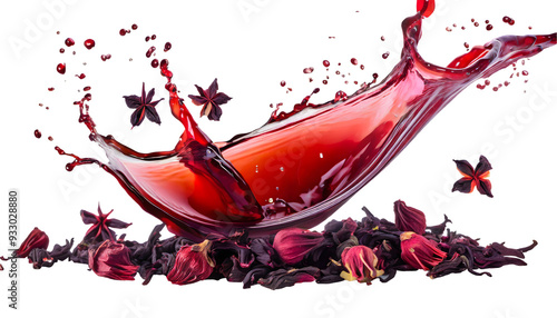 dry hibiscus tea Splash on a white isolated background. Generative AI.