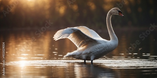 Fototapeta Naklejka Na Ścianę i Meble -  A serene swan glides gracefully across the still waters of a lake, its feathers shimmering in the warm sunlight.