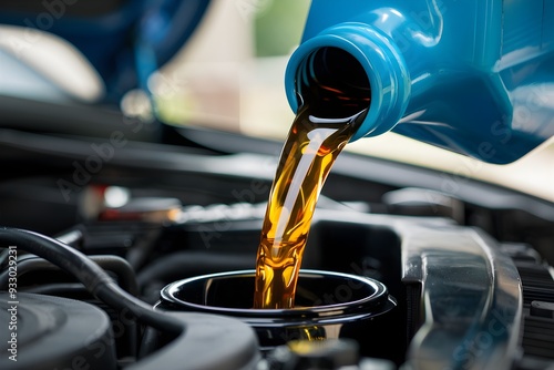 Blue jug pouring fresh oil into car engine; clear oil emphasized against blurred background