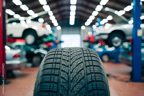 Close up of car tire with tread pattern; blurred workshop background with cars photo