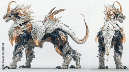 A fierce dragon like creature stands majestically, showcasing intricate details and powerful stance. Its expression conveys strength and dominance.