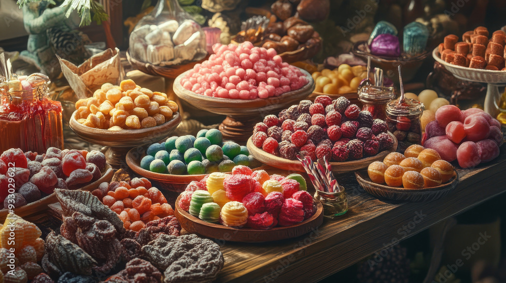 “An assortment of sweets arranged on a table. The display includes various candies, pastries, and confections, each showcasing different textures and colors, creating a visually appealing and tempting “An assortment of sweets arranged on a table. The display includes various candies, pastries, and confections, each showcasing different textures and colors, creating a visually appealing and tempting