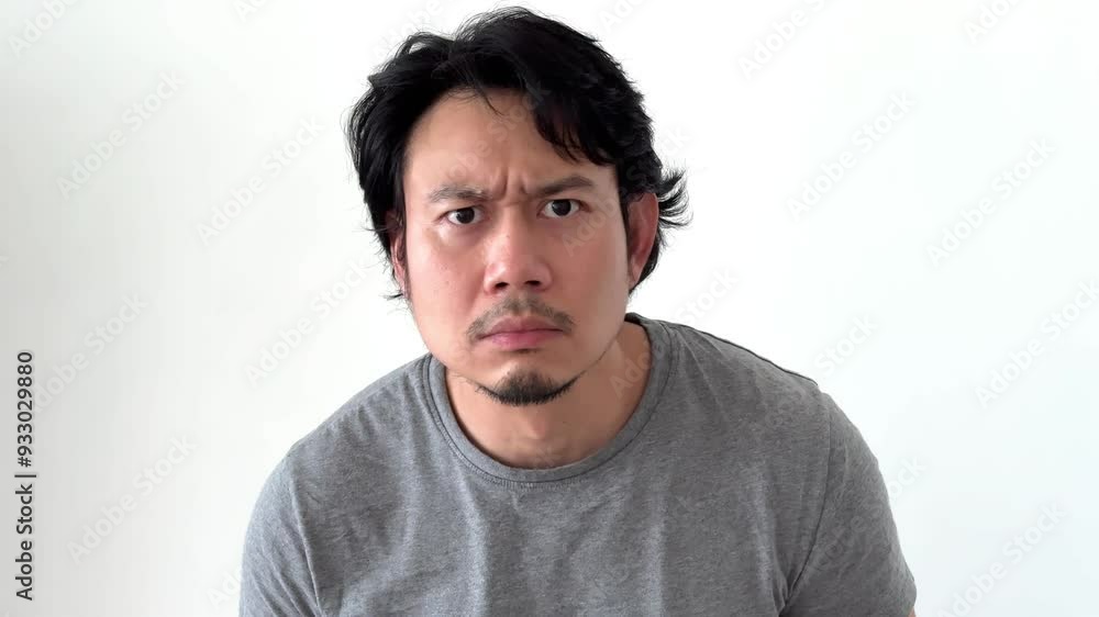 Funny face asian man portrait peaking looking into the camera as he focus and notice something. Funny face asian man portrait peaking looking into the camera as he focus and notice something.