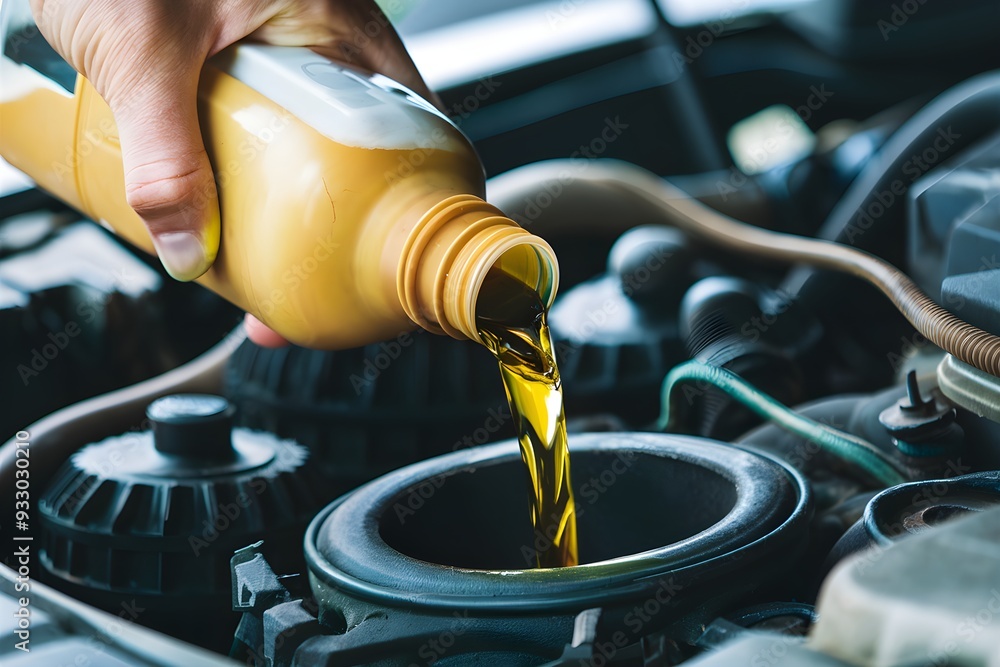 Hand pours yellow liquid into engine, visible components in engine bay Hand pours yellow liquid into engine, visible components in engine bay