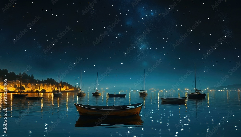 Fototapeta premium Boats anchored in a calm bay under a starry sky.