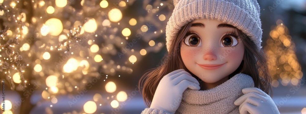 3D cartoon portrait of a cheerful young girl in a white knitted beanie scarf and gloves posing in a park with sparkling Christmas lights Winter holidays theme 3D cartoon portrait of a cheerful young girl in a white knitted beanie scarf and gloves posing in a park with sparkling Christmas lights Winter holidays theme