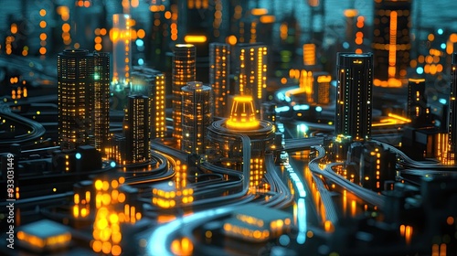 Futuristic city with glowing lights. This image is perfect for projects about technology, innovation, and the future.