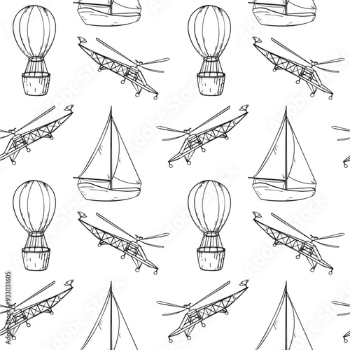 Sailing ship, air balloon, airplane black and white vector graphic seamless pattern. Monochrome boat, aircraft, vessel, aerostat repeating texture hand drawn. Endless silhouette transport for boy.