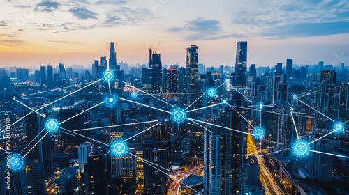 Wallpaper Mural Smart digital Innovation city with connection network reciprocity over the cityscape. of future smart wireless digital city and social media networking systems that connects people with in city Torontodigital.ca