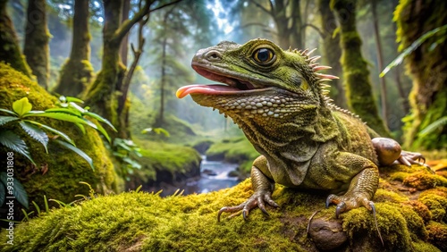 prehistoric tuatara tongue pokes out primal ancient New Zealand rainforest moss-covered trees dewy misty morning glacial lakes serene peaceful wilderness untouched photo