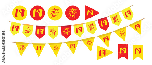 Thai letter and Chinese is mean vegetarian food festival, Yellow flag symbol with text, Thai and Chinese text Chinese Vegetarian Festival