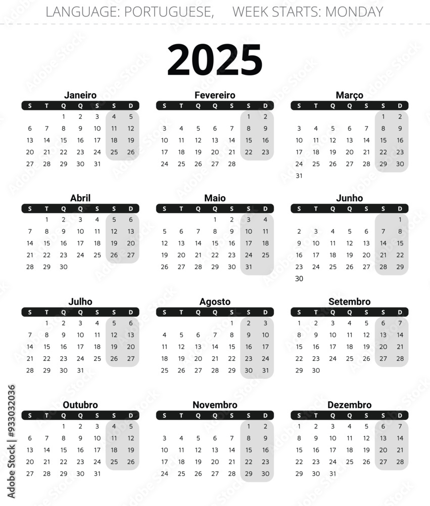 PORTUGUESE vertical calendar for 2025 year. Printable vector