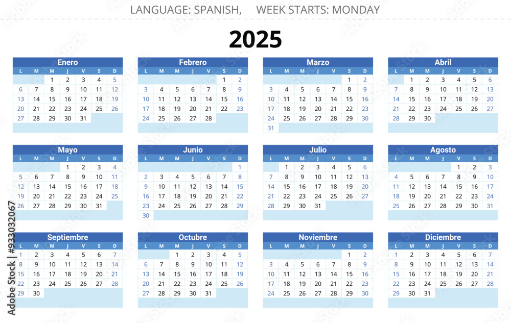 2025 year spanish calendar. Printable vector illustration Spain