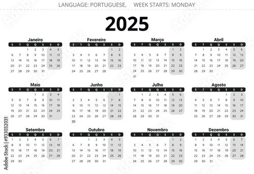 PORTUGUESE calendar for 2025 year. Printable vector illustration dark colors for Portugal