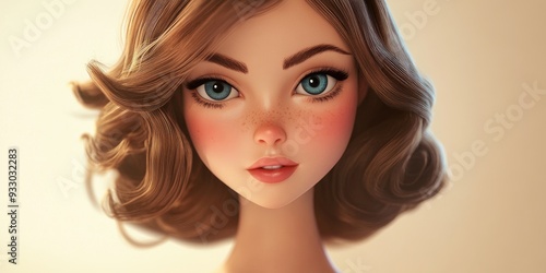 3D Cartoon Portrait of a Gorgeous Young Brunette Woman Gazing at the Viewer