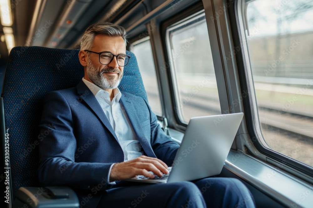 Middle aged businessman using laptop on high speed train, modern travel and technology concept Middle aged businessman using laptop on high speed train, modern travel and technology concept