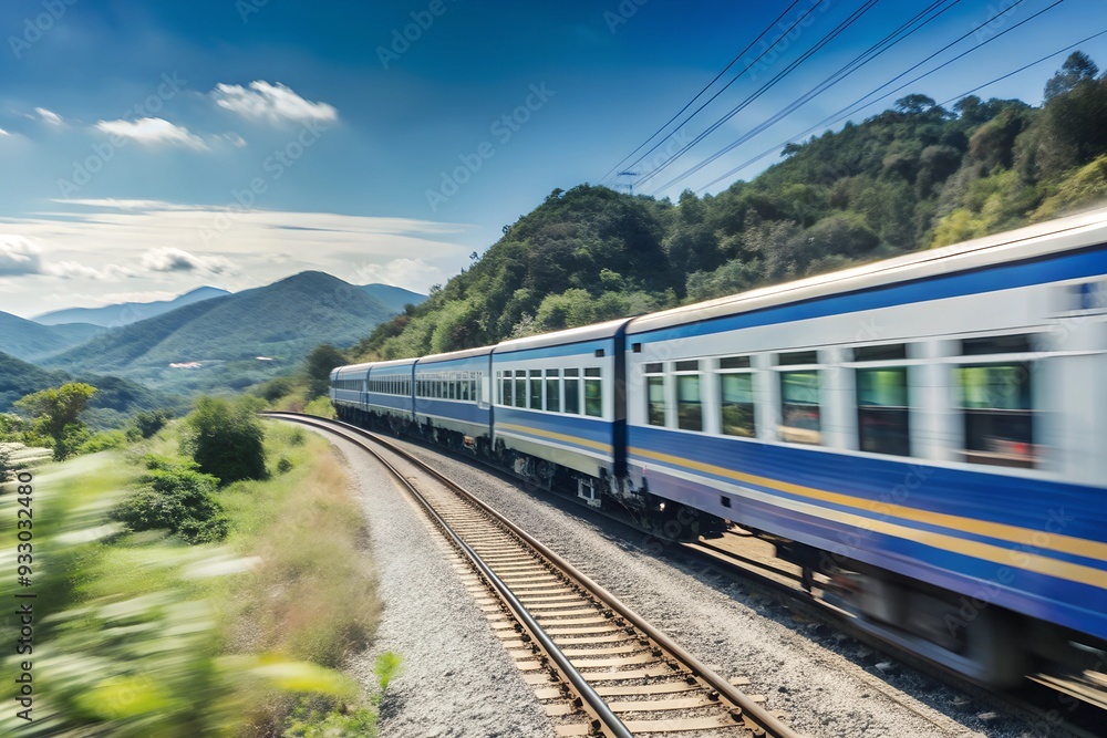 Naklejka premium Train travel through the picturesque, lush landscapes of Asia. Motion blur, selective focus.