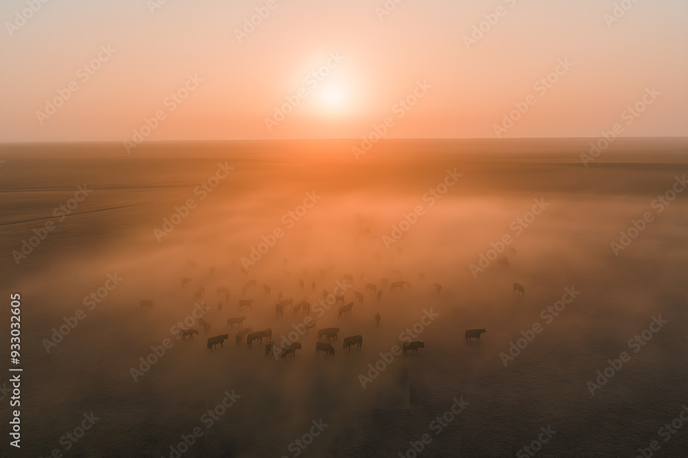 Aerial View of a Vast Cattle Ranch Under the Hot Sun, Featuring Heatwaves Rising from the Ground and a Hazy Skyline, Highlighting the Urgency of the Climate Crisis Aerial View of a Vast Cattle Ranch Under the Hot Sun, Featuring Heatwaves Rising from the Ground and a Hazy Skyline, Highlighting the Urgency of the Climate Crisis