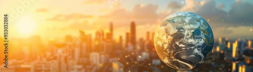 Globe floating over a modern cityscape at sunset, symbolizing global connections, urbanization, and environmental awareness.