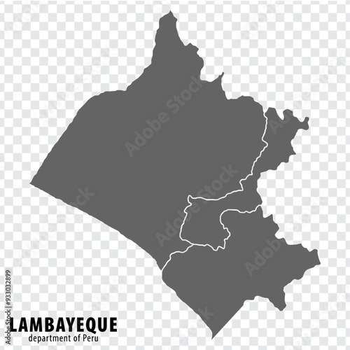 Blank map Department Lambayeque of Peru. High quality map Department  of Lambayeque with districts on transparent background for your web site design, logo, app, UI.  Republic of Peru.  EPS10.