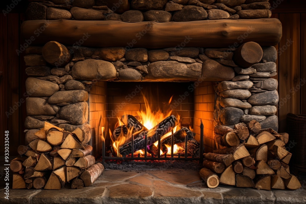 Cozy stone fireplace with burning logs and stacked firewood, creating a ...