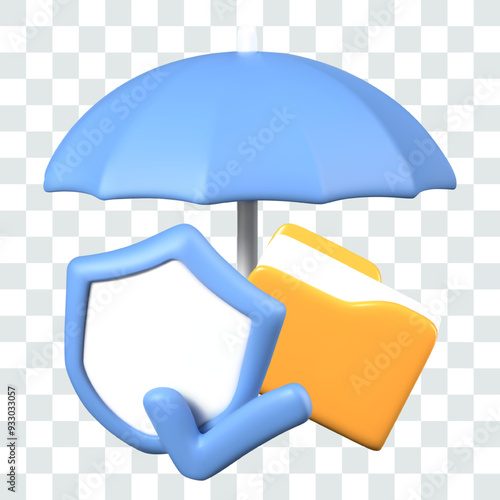 Realistic umbrella, blank shield with check mark, folder with documents