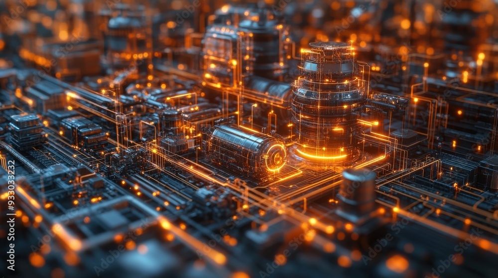 Futuristic cityscape with glowing circuitry and industrial elements. Futuristic cityscape with glowing circuitry and industrial elements.