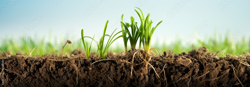 Fototapeta premium Close-up of young green plants sprouting in soil against a blue sky, symbolizing growth, nature, and freshness.