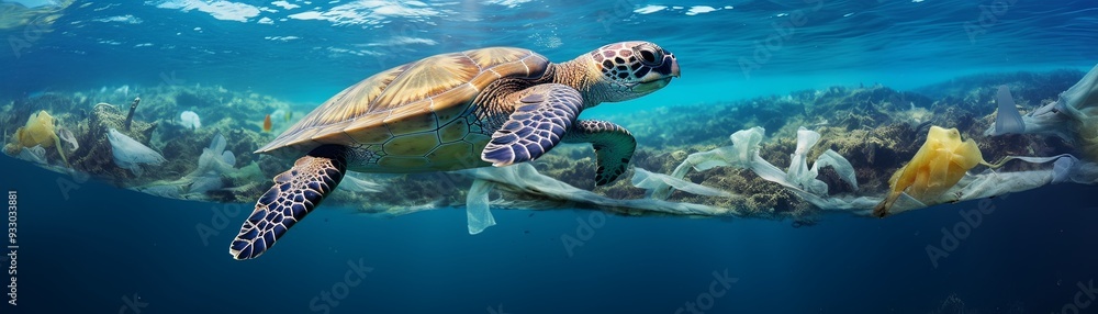 Obraz premium Sea turtle swimming amidst ocean pollution, highlighting the impact of plastic waste on marine life and the environment.