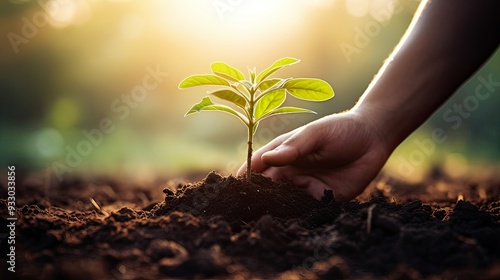 Wallpaper Mural Hand planting a young green seedling in fertile soil with sunlight. Concept of growth, nurturing, and environmental care. Torontodigital.ca