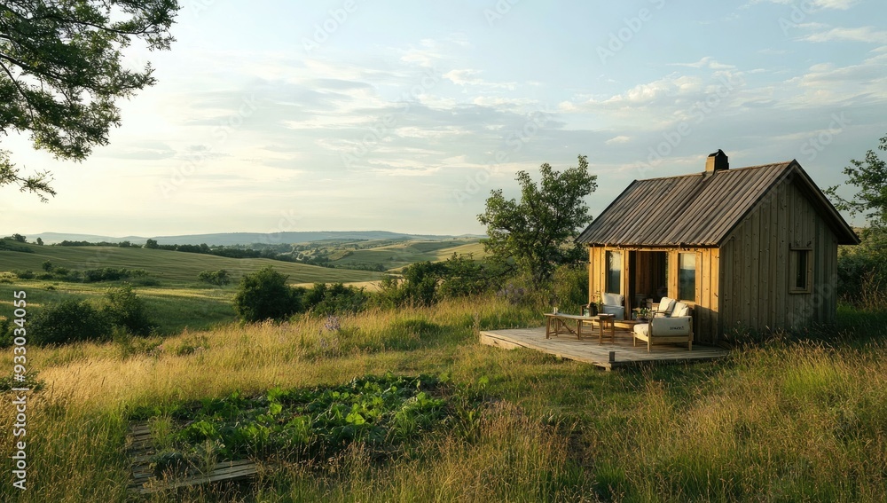 Wooden cabin with deck overlooking rolling hills. Wooden cabin with deck overlooking rolling hills.