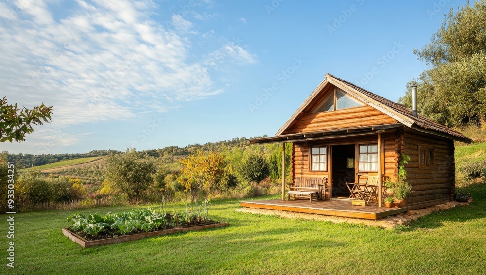Wooden cabin with porch, garden, and distant hills. Wooden cabin with porch, garden, and distant hills.