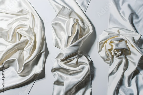 Three draped white fabric pieces showcase intricate folds against white background photo