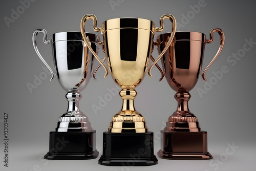 Silver, gold, and bronze trophies stand side by side, intricate designs photo