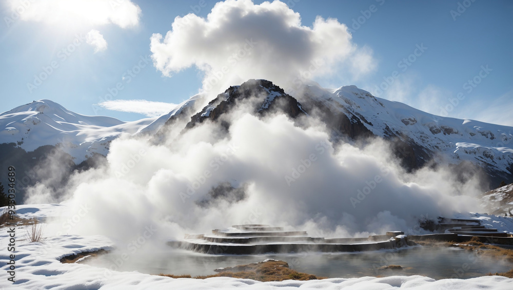 This image shows a geothermal area with steam rising from a hot spring and a snowy mountain in the background.
This image shows a geothermal area with steam rising from a hot spring and a snowy mountain in the background.