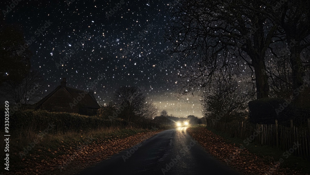 Starry night, empty road, headlights illuminate path. Starry night, empty road, headlights illuminate path.