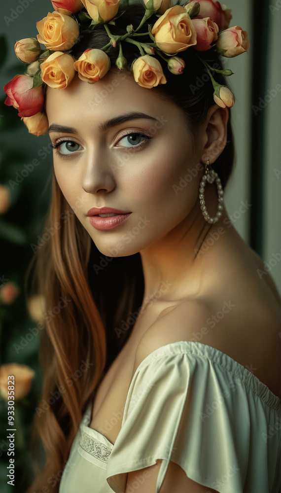Fototapeta premium Beauty Portrait of a young attractive girl with a wreath of rosebuds on her head. Decor of flowers.