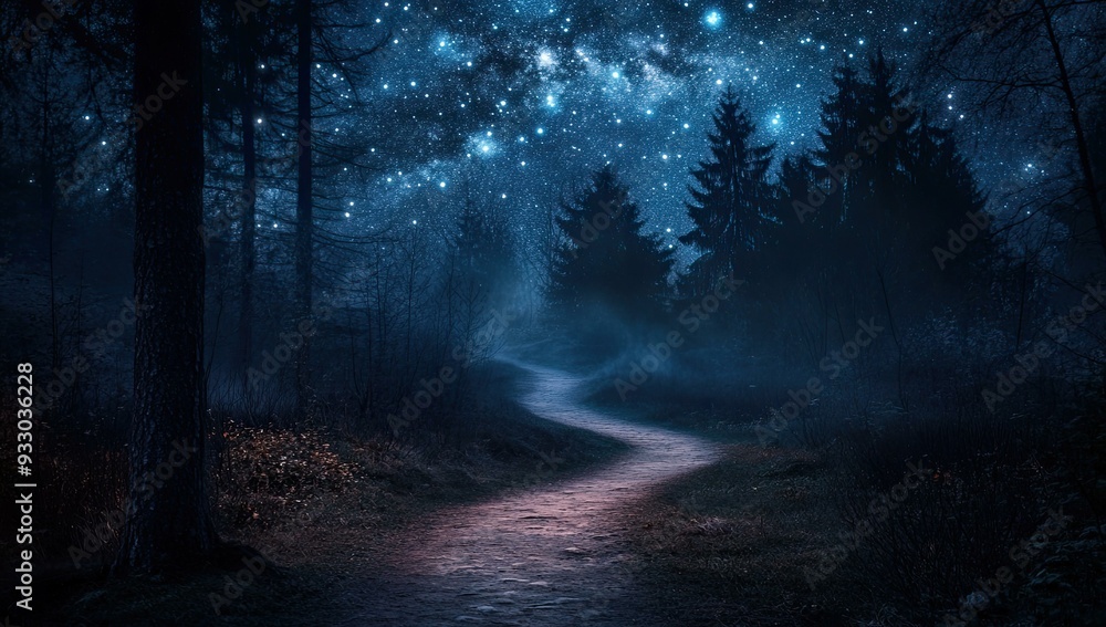 Fototapeta premium A winding path through a dark forest under a starry