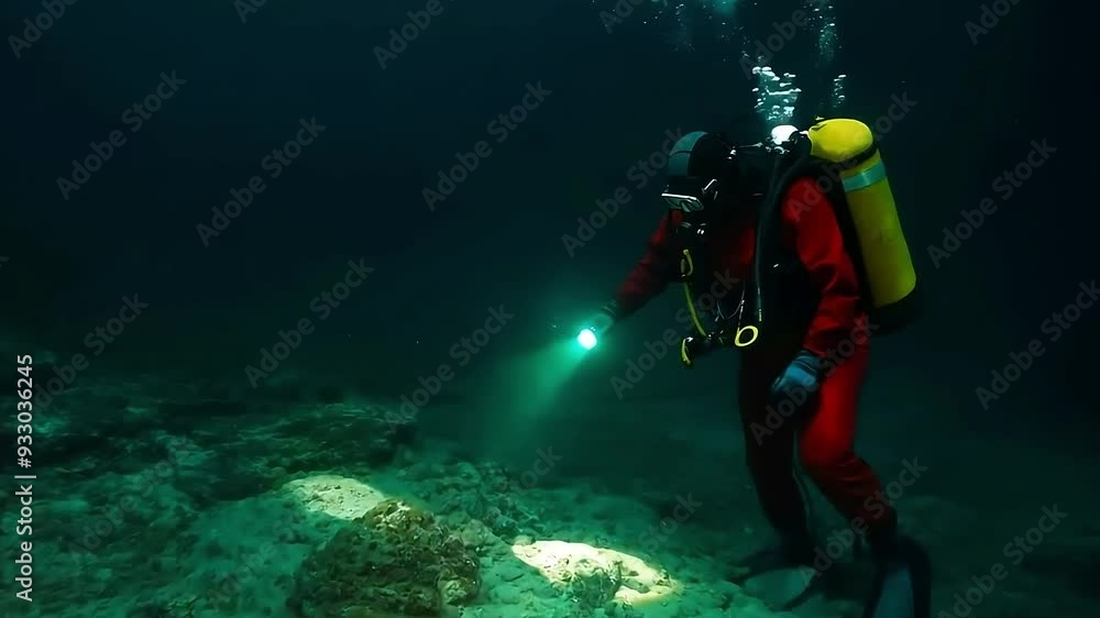 Scuba diver explores the ocean depths with a glowing torch Scuba diver explores the ocean depths with a glowing torch