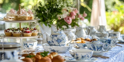 Elegant Edwardian Afternoon Tea Party: Vintage Illustration with Fine China, Linen, and Delectable Treats. Stylish Minimalist Composition for Graphic Design, Marketing, and UI. Luxurious Cultural Expe