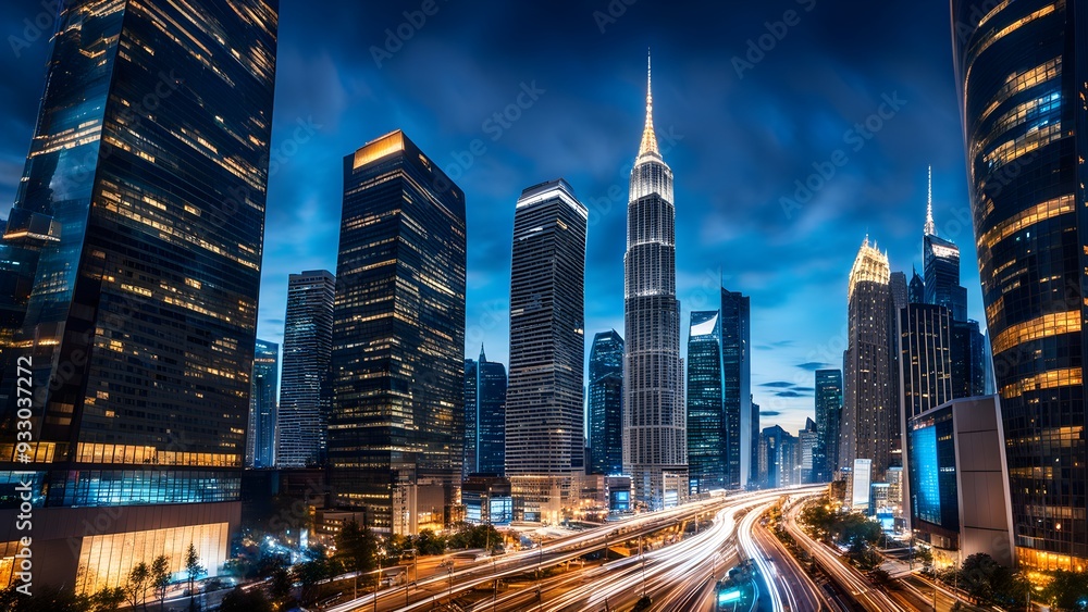 Obraz premium A city skyline at night with a bright yellow building in the middle