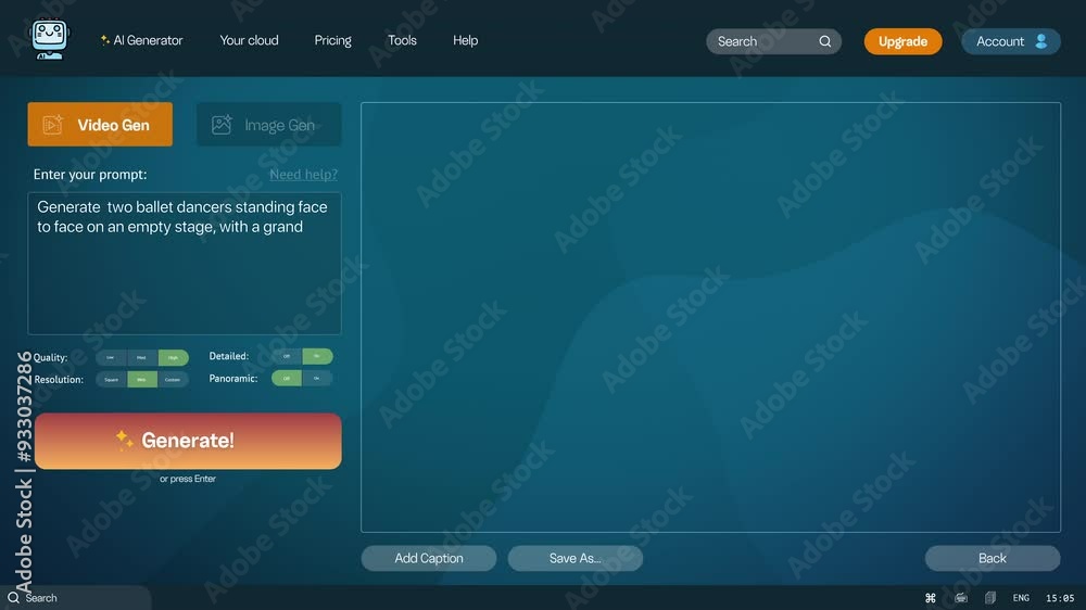 User interface of AI video generator. Artificial intelligence chatbot generate detailed high-quality realistic video of two ballet dancer dancing in theater. Advanced AI generated video creation.