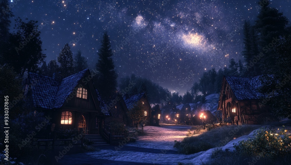 Snowy village path illuminated by starlight and lanterns. Snowy village path illuminated by starlight and lanterns.