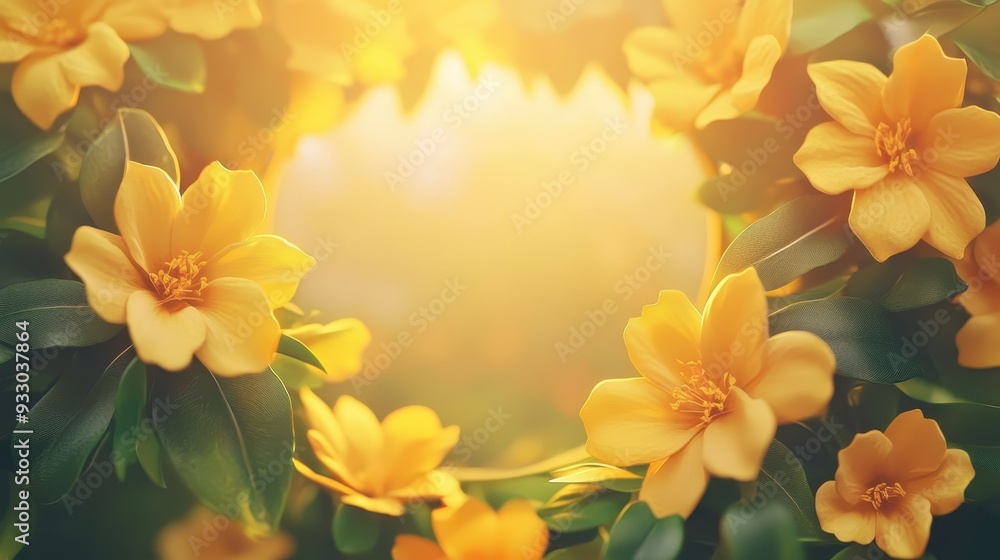 Obraz premium A beautiful arrangement of yellow flowers framed by leaves, glowing in warm light, perfect for nature and spring themes.