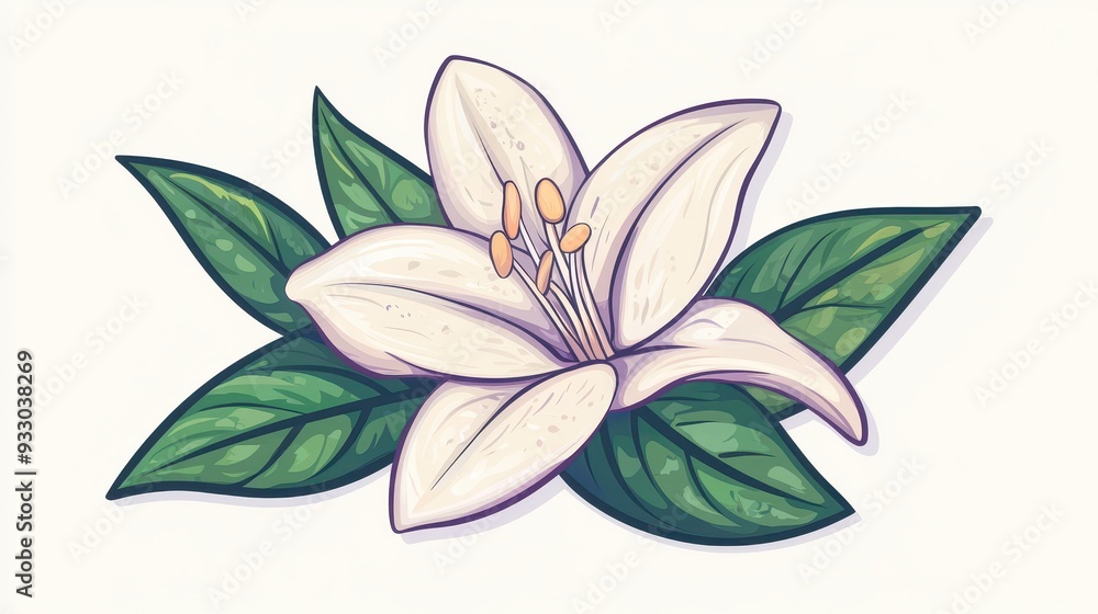 A beautifully illustrated white flower with green leaves, perfect for nature-themed designs and botanical art projects. A beautifully illustrated white flower with green leaves, perfect for nature-themed designs and botanical art projects.